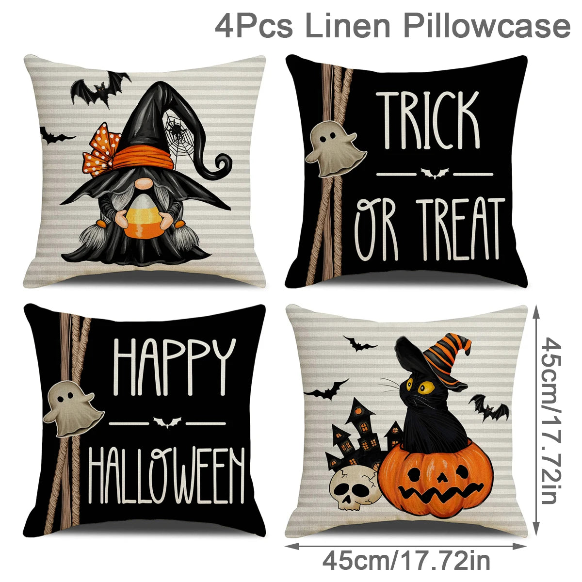 4PCS 45X45Cm Halloween Cushion Cover Pumpkin Wizard Ghost Halloween Decor for Home Decorative Sofa Car Chair Decor Pillowcase