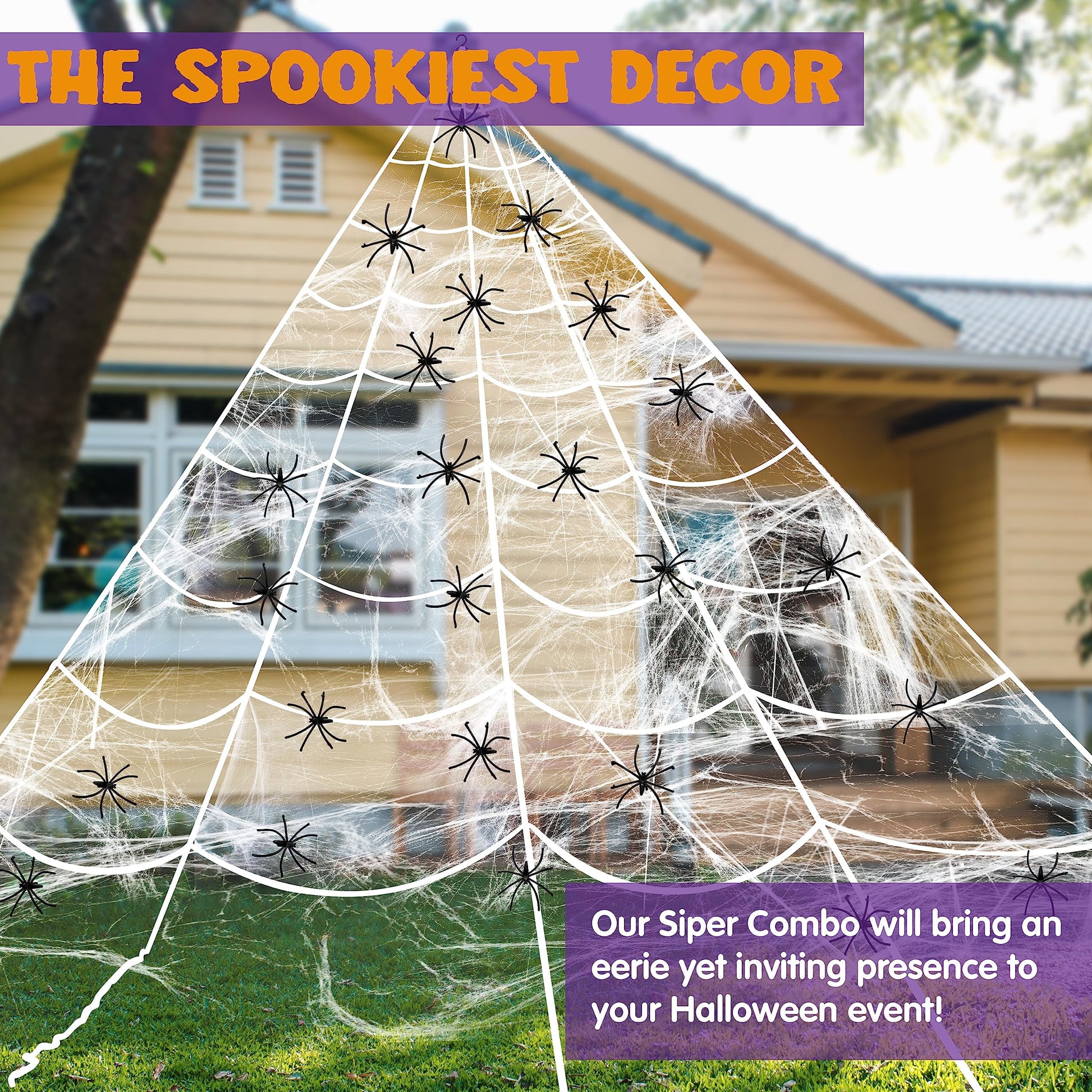 Halloween Huge Triangular White Spider Web with 24 Spiders and 120G Super Stretch Cobweb Outdoor Decorations for Outdoor Halloween Decor Yard