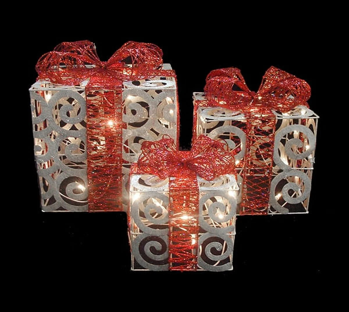 Lighted Swirl Glitter Gift Boxes Outdoor Christmas Decorations - 10" - Set of 3