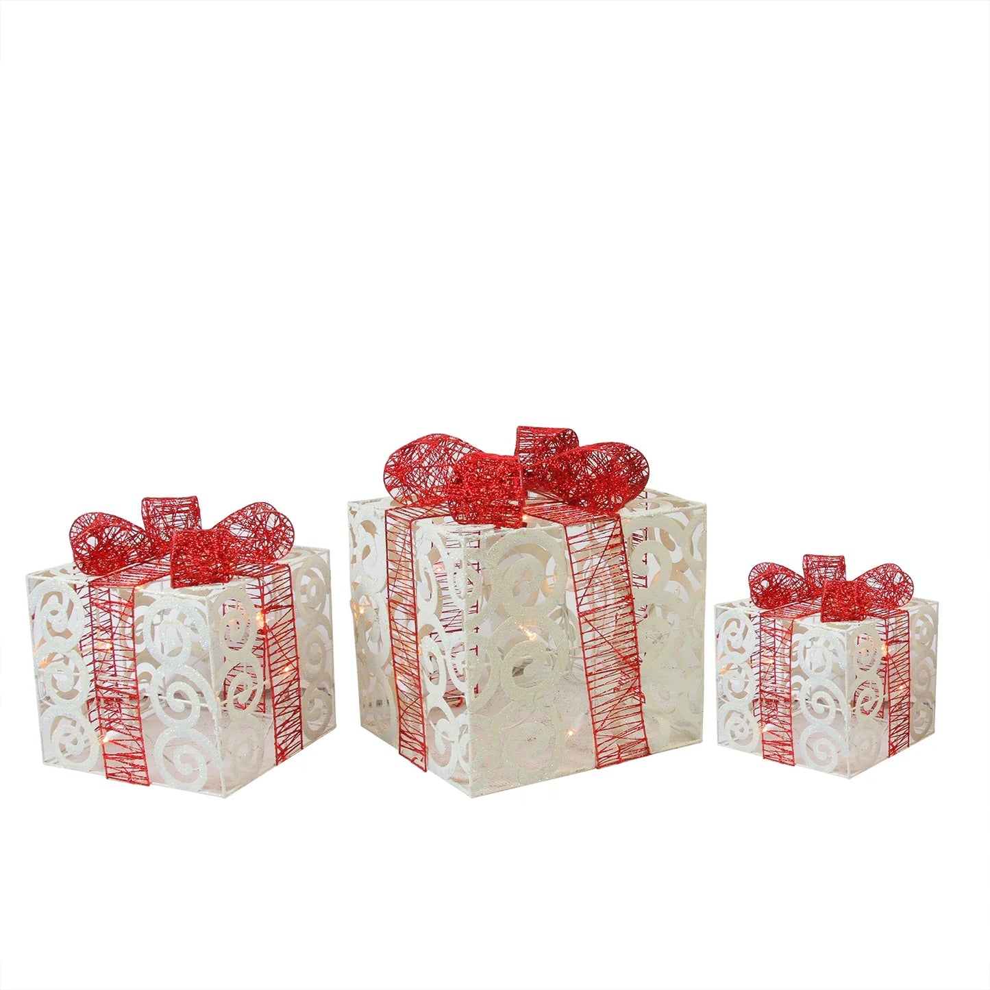 Lighted Swirl Glitter Gift Boxes Outdoor Christmas Decorations - 10" - Set of 3